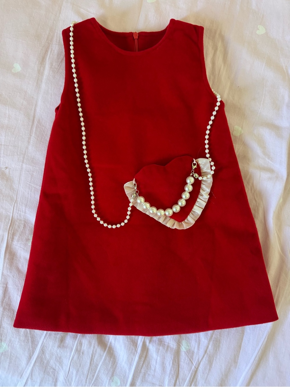 Girls Red Sleeveless Dress with Pearl Heart Purse